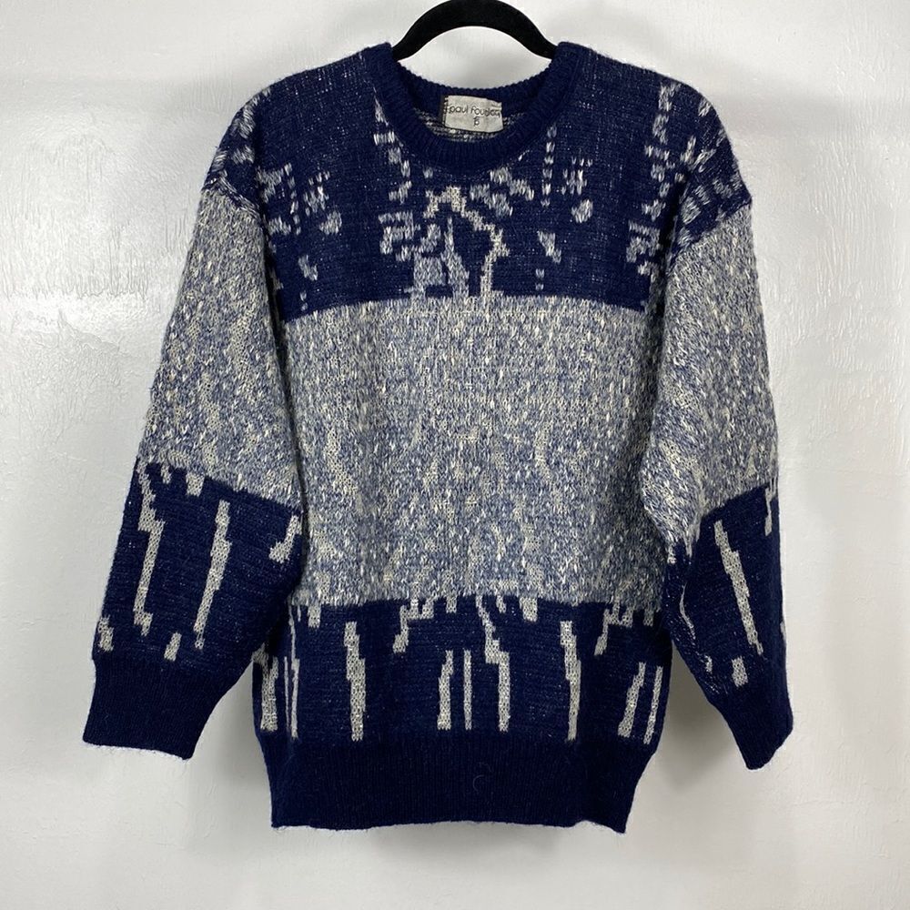 Paul Fourticq Vintage Alpaca Blend White Gray Crew Neck Pullover Sweater